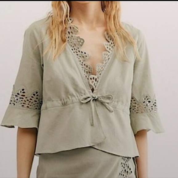 Free People Tops - Free People Boho Linen Cotton Blend Meet Me in Paris Green Eyelet Top